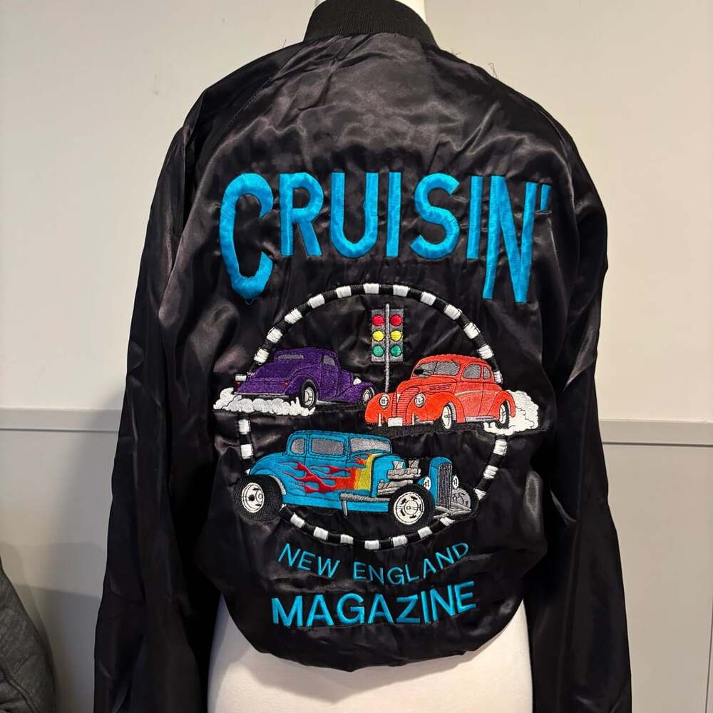 Vintage Cruisin' New England Magazine Embroidered Satin Bomber Jacket Black